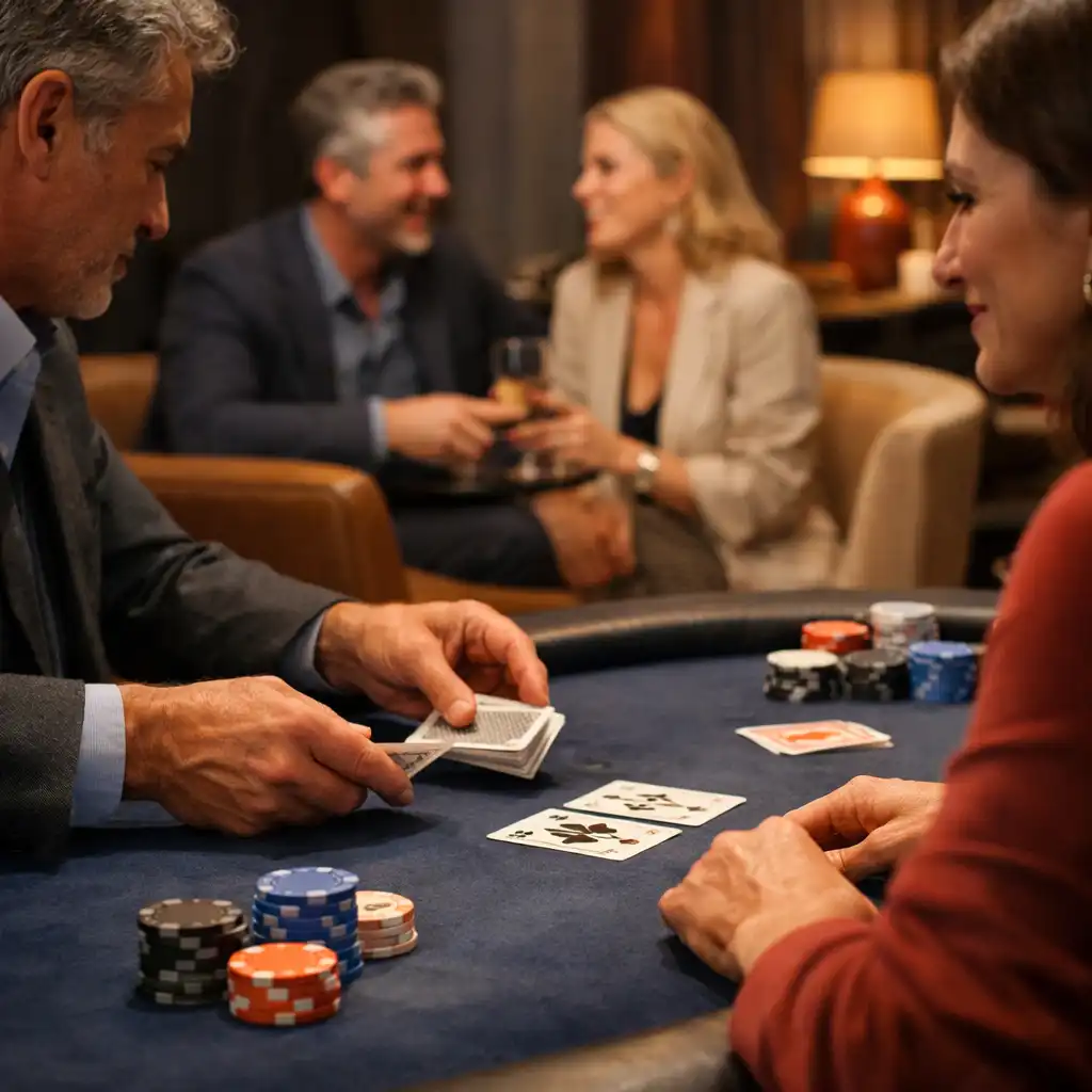 Cards in motion at a physical poker table with guests gathered in the card lounge