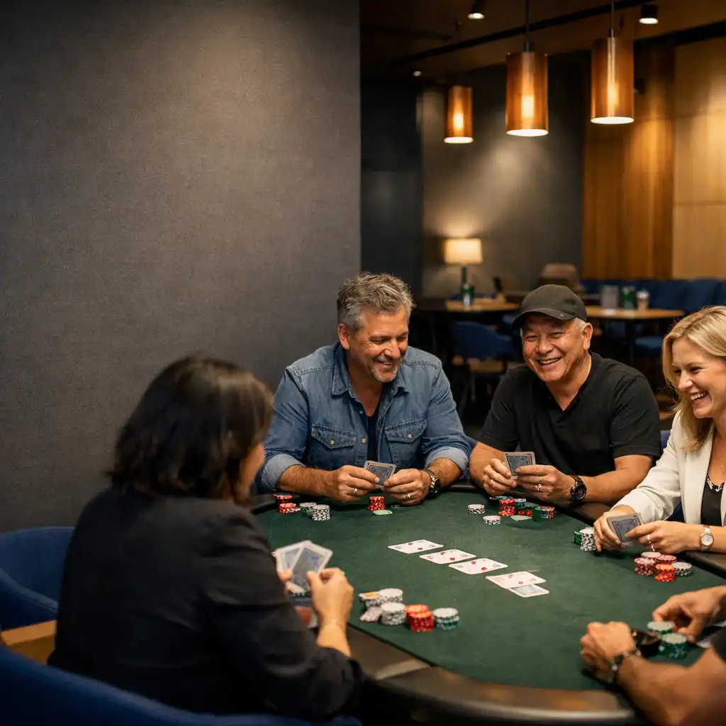People gathered around a poker table in Jogolivre Club’s warmly lit card lounge