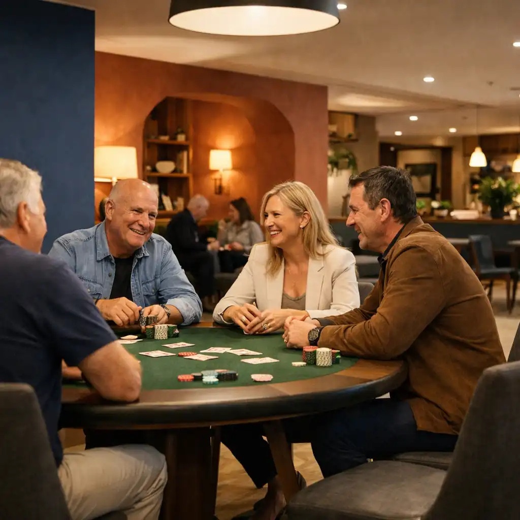 Adults talking around a poker table in the Jogolivre Club card lounge