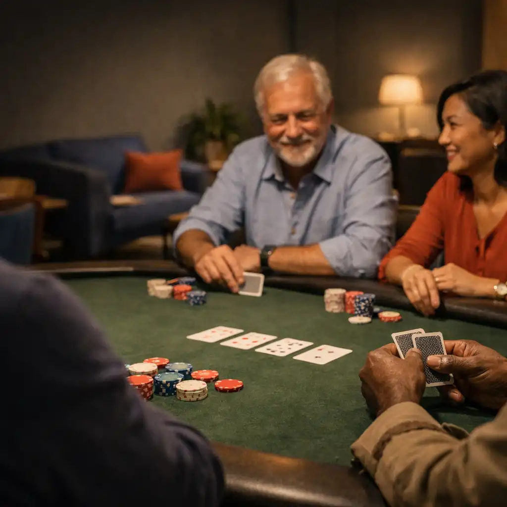 People gathered at a real poker table in Jogolivre Club's card lounge.
