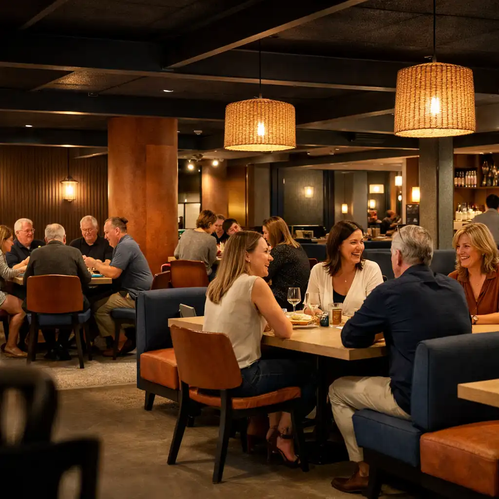 An evening view across shared tables and conversations inside Jogolivre Club.