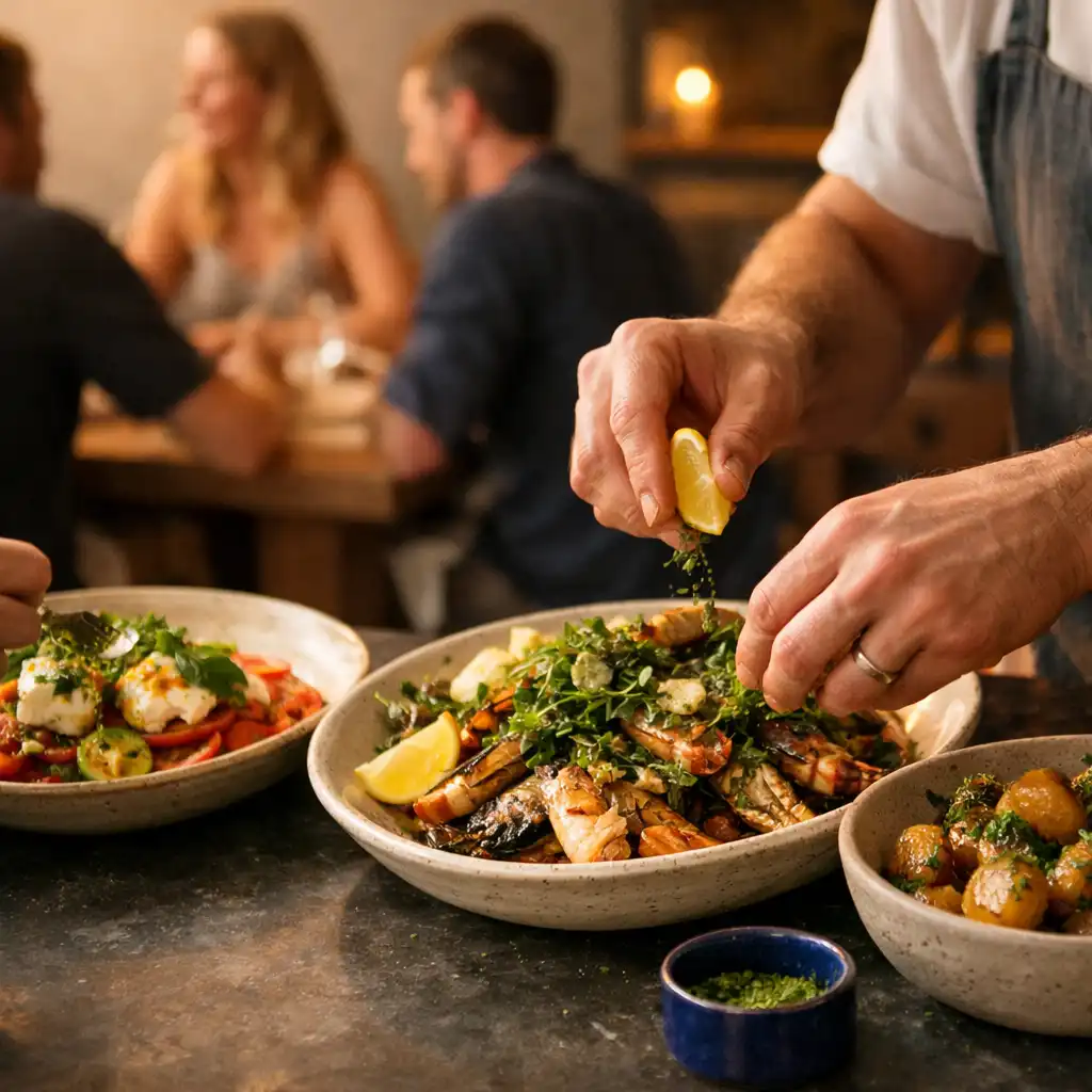 Hands finishing shared plates in the restaurant kitchen near a communal table.