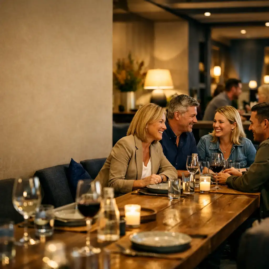 Friends settling around a shared table inside the Jogolivre Club clubhouse.