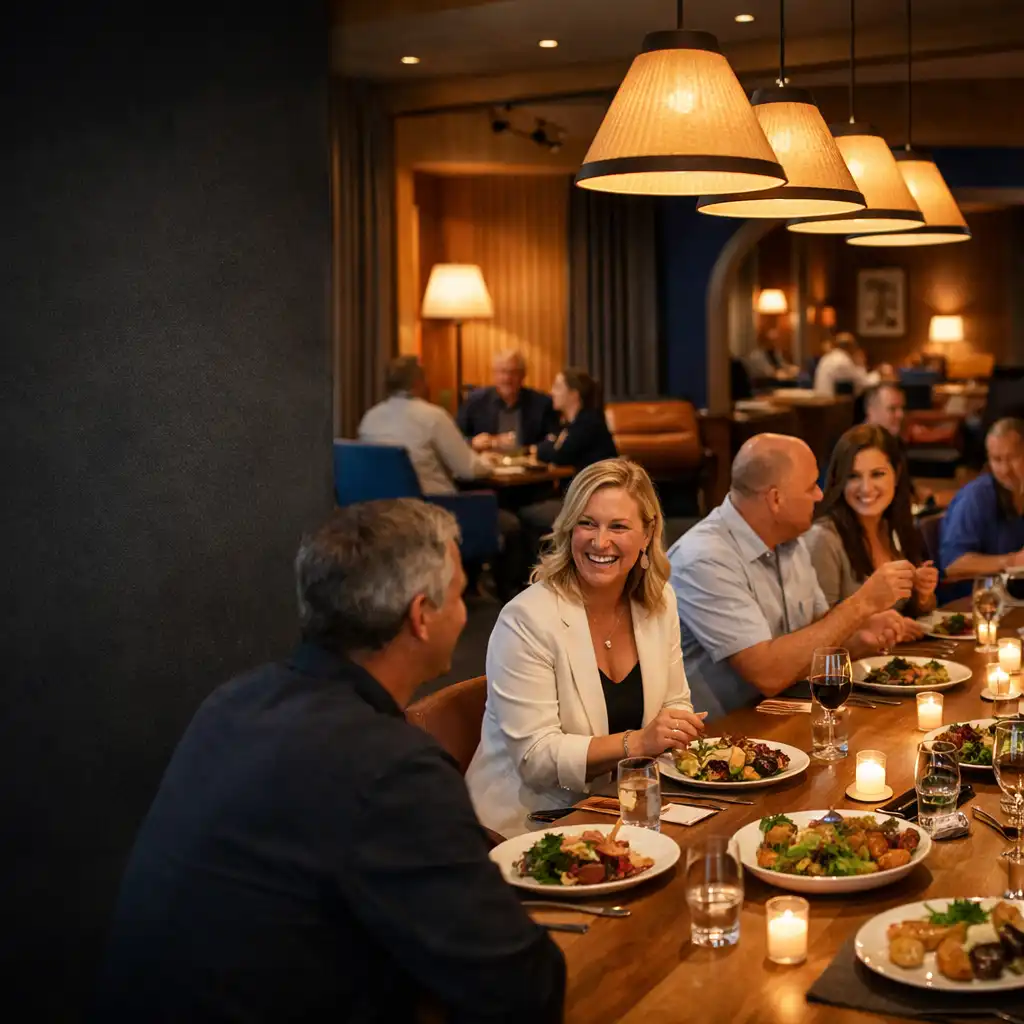 People sharing food and conversation at a long table inside Jogolivre Club