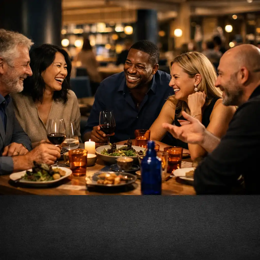 Friends laughing together at a community evening table at Jogolivre Club