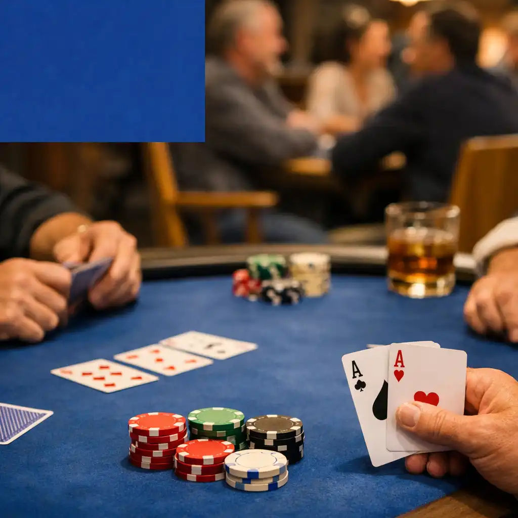 Adult hands holding physical playing cards beside chips on a poker table in Jogolivre Club's card lounge.
