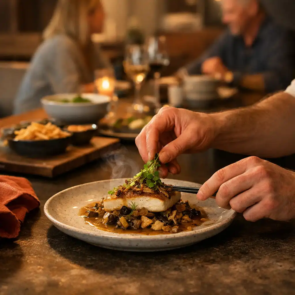 Hands finishing a plated dish beside a shared restaurant table at Jogolivre Club.
