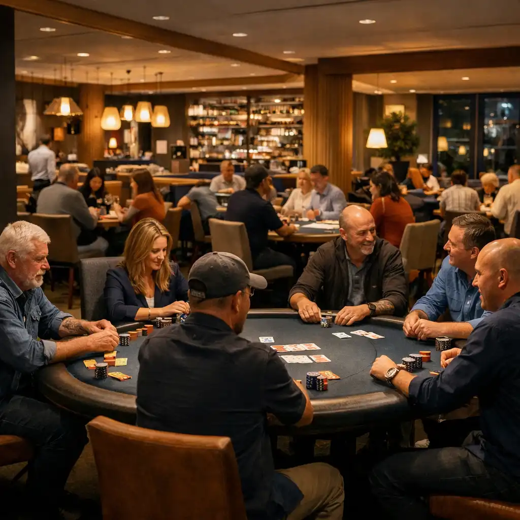 Groups talking around poker tables in a warmly lit restaurant clubhouse