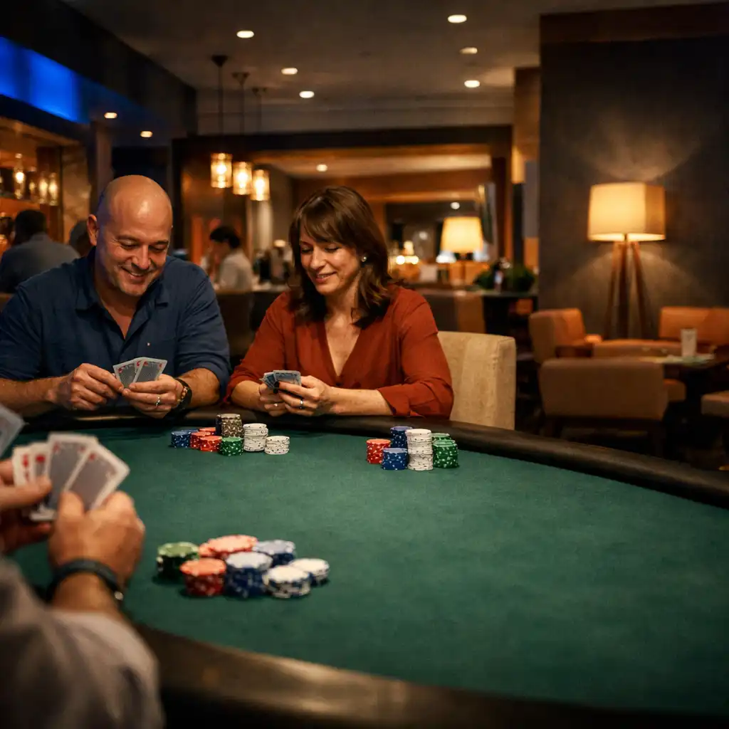 Adults gathered around a physical poker table in Jogolivre Club's card lounge