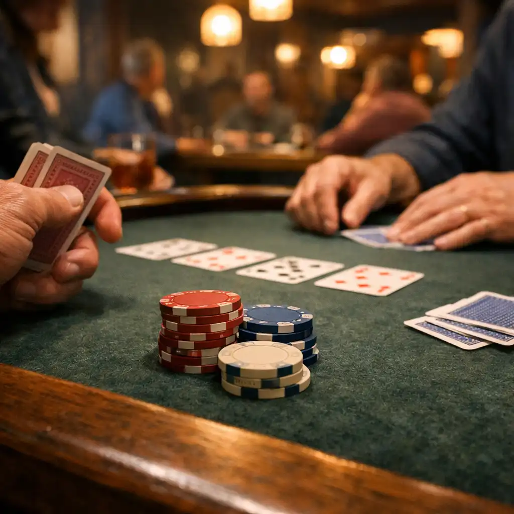Hands, cards and physical chips resting on a poker table in the card lounge