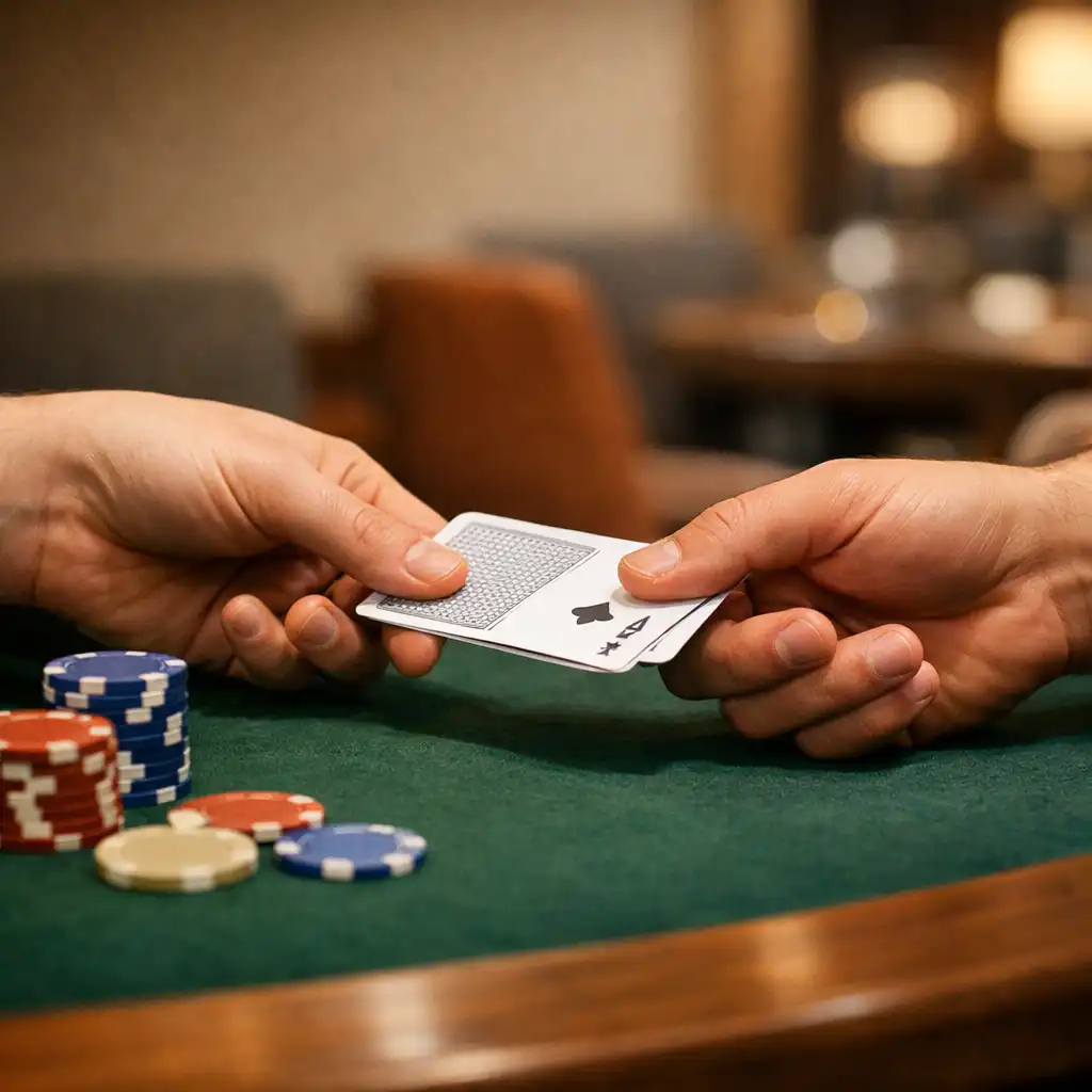 Hands and cards around a felt poker table, with chips resting naturally on the tabletop