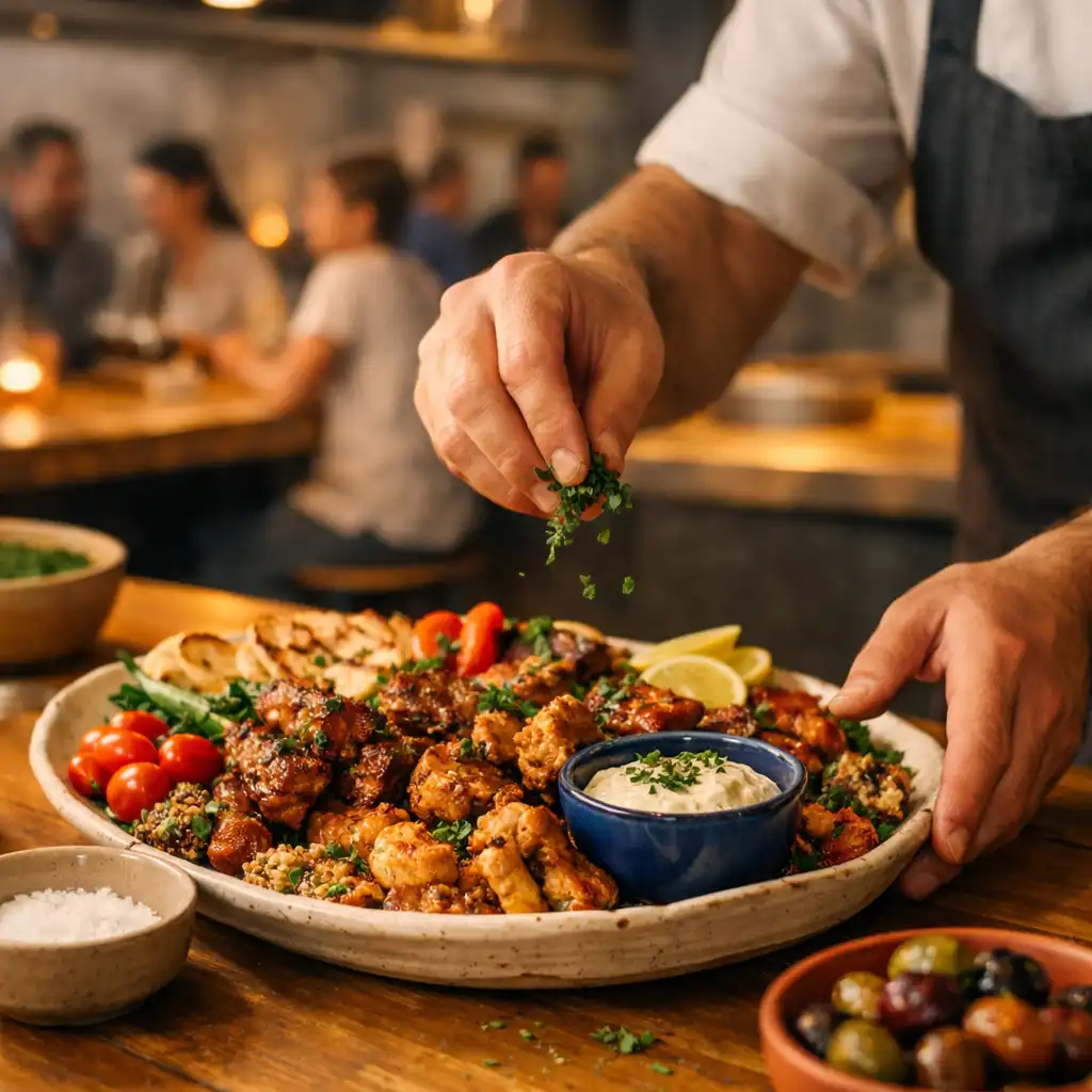 Chef's hands finishing a shared platter in the Jogolivre Club restaurant kitchen