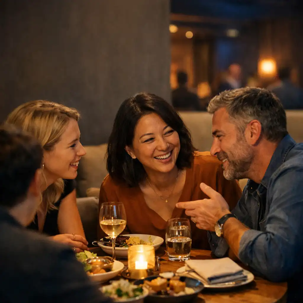 Friends in conversation around a shared restaurant table