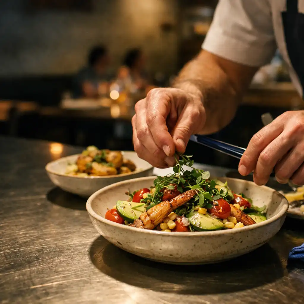 Chef finishing a shared dish in the Jogolivre Club restaurant