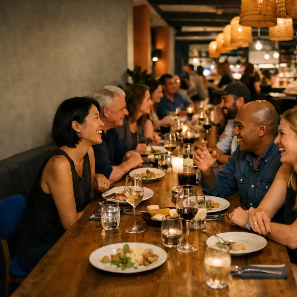 Guests talking around a long shared restaurant table at Jogolivre Club